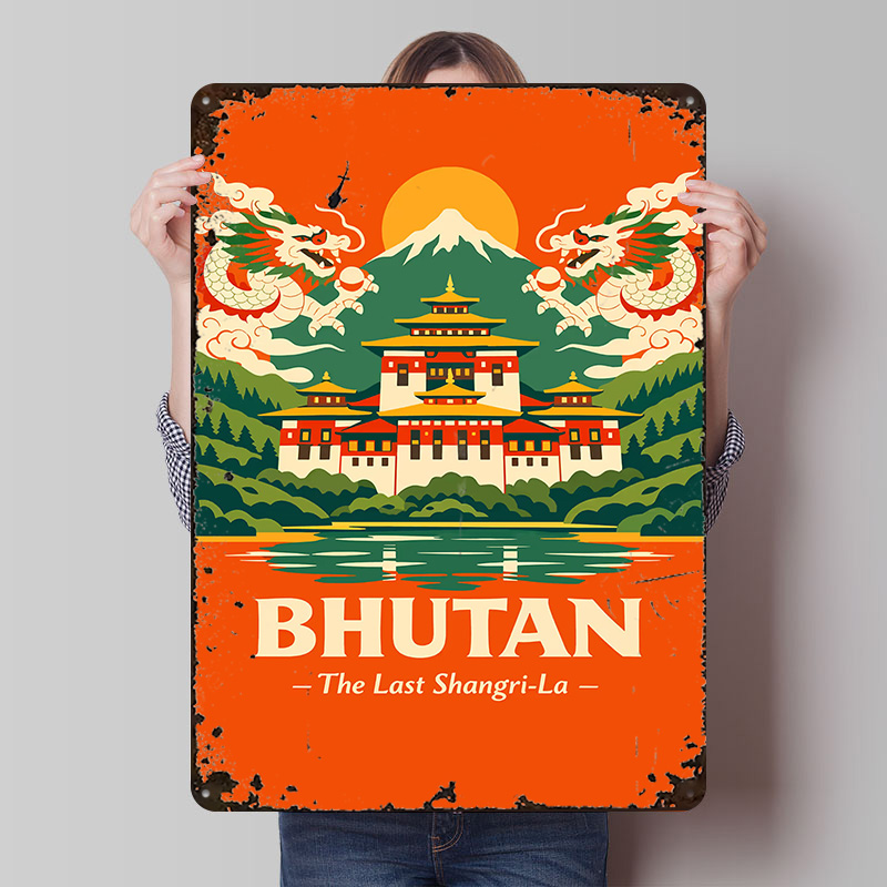 Retro Poster Gaming - Bhutan Travel Poster Customized Vintage Metal
