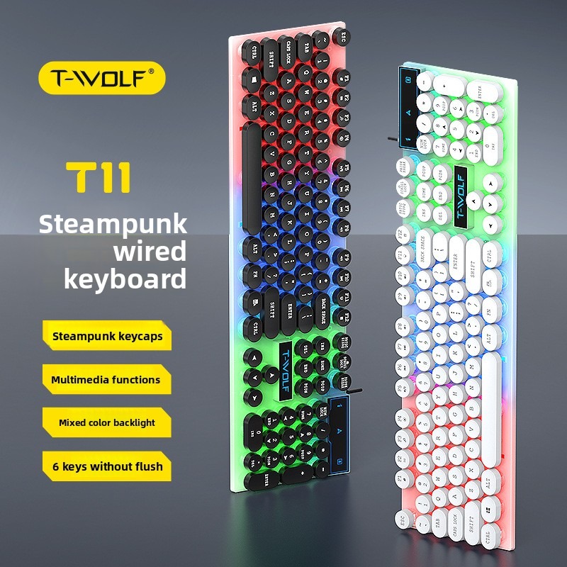 Retro Gaming Keyboard - T-WOLF T11 Retro Punk Round Keycaps